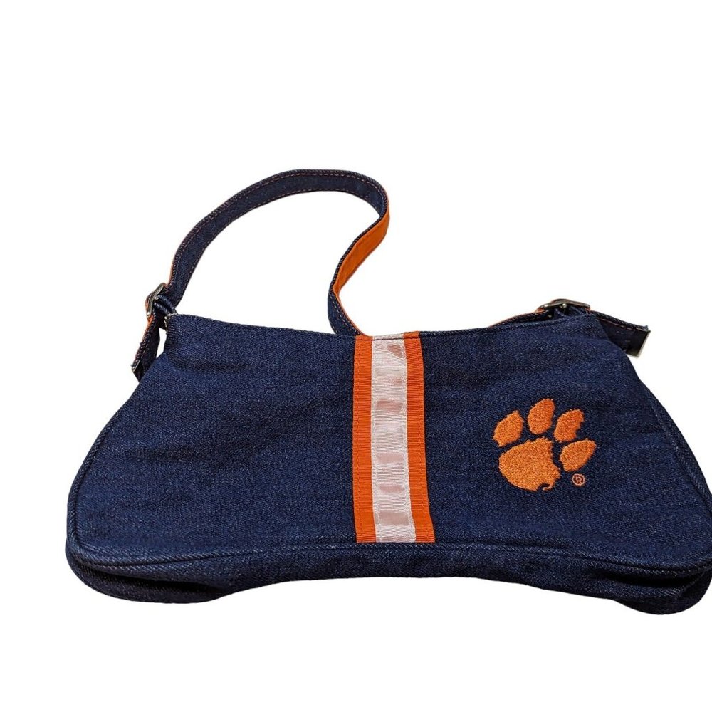Spirit Ready Clemson SC Tiger Paw Print  Denim Hobo Purse Handbag